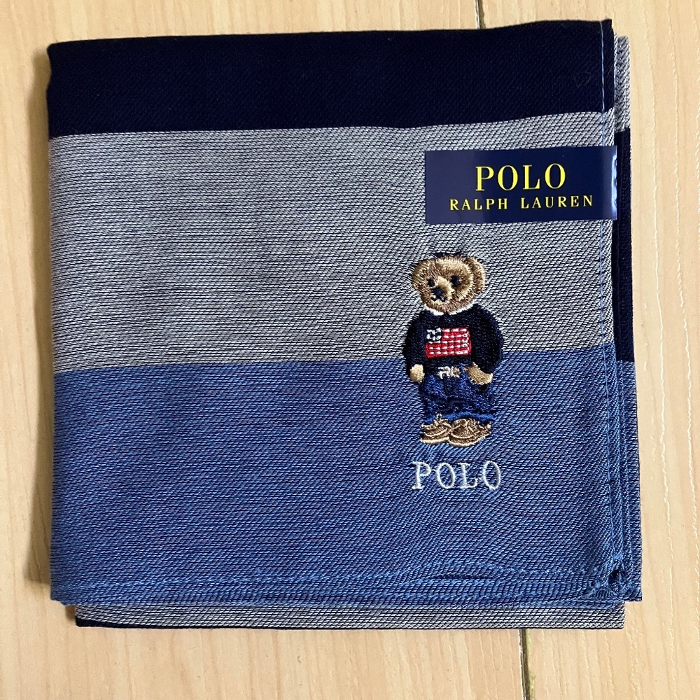 New Polo Ralph Lauren Bear Handkerchief Scarf Pocket Square Blue Grey Stripes